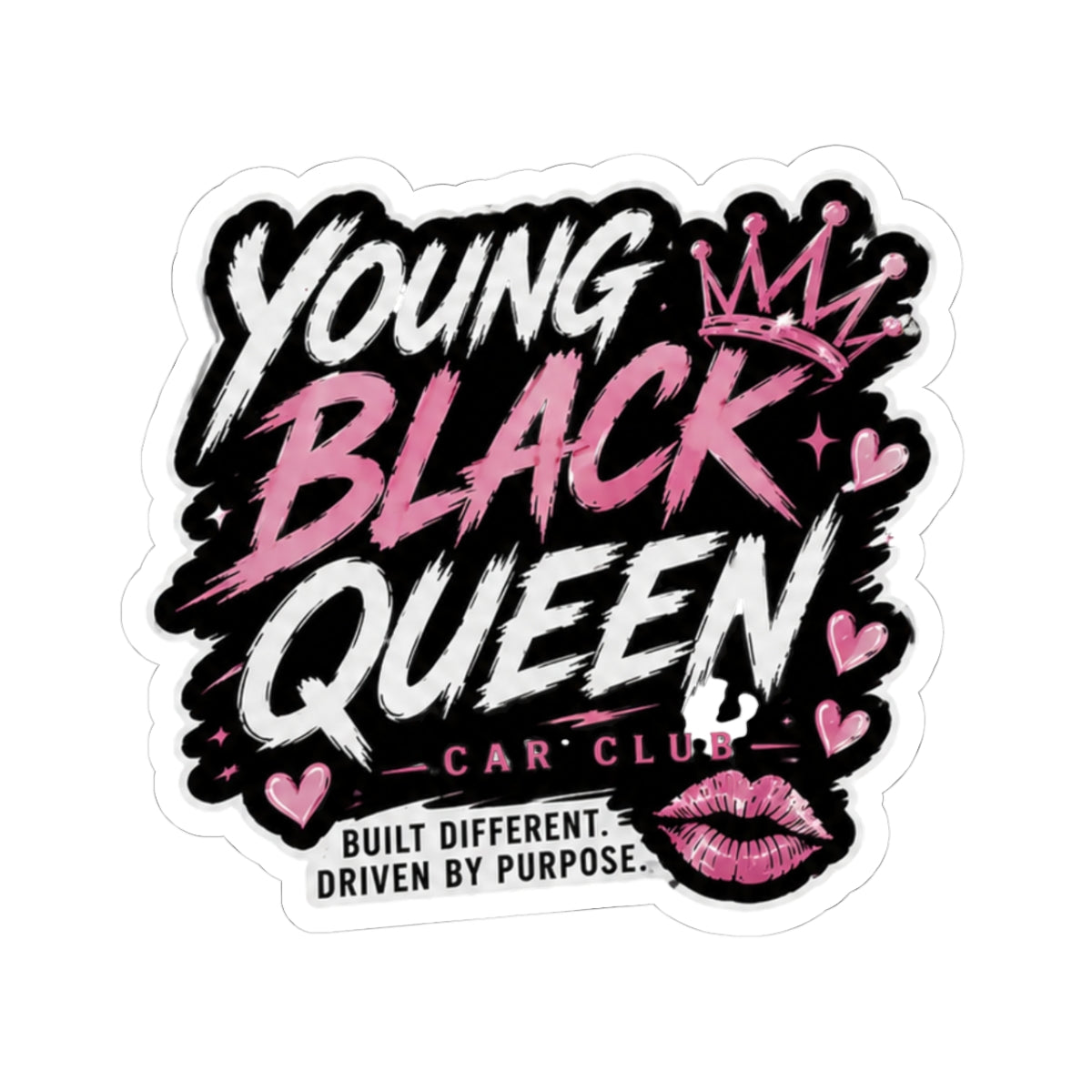 Young Black Queen Kiss-Cut Sticker | Pink Crown, Hearts, Lip Print